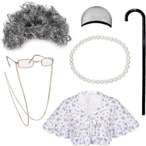 Tigerdoe Old Lady Costume - Granny Wig - Grandma Dress Up - Grandmother Costume - Grandma Cane - 6 pc set