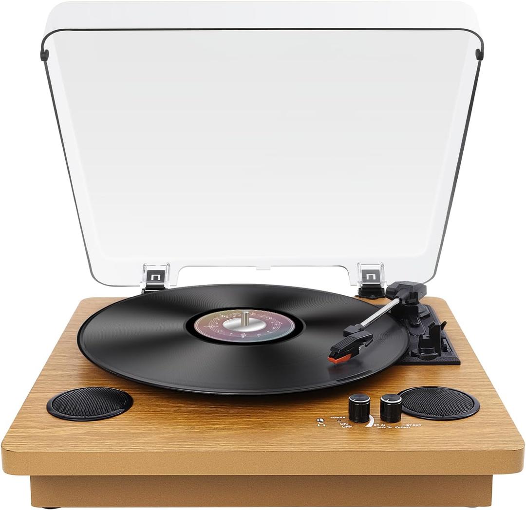 Popsky Record Player,Built-in Dual Channel Stereo Speakers with New Upgraded Ruby Stylus, 3-Speed Premium Retro Bluetooth Turntable Suitable for Gift Giving, with AM/FM Function.