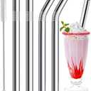 Vinaco Stainless Steel Smoothie Straws, 0.4'' Extra Wide Reusable Metal Drinking Straws for Milkshake, Smoothie, Beverage, Set of 4 with 1 Cleaning Brush (Silver)