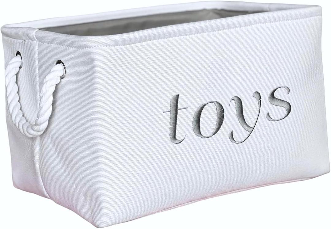 Nursery basket, Storage & organizer Bin for Baby, Diapers, Wipes, Books, Toys. White Canvas fabric Decorative Box with Embroidering. (Toys - Gray, Medium)