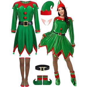 SOMSOC 6 Pack Women Christmas Elf Costume Set Velvet Dress Santa's Helper Costume Xmas Outfit Elf Hat Shoes Ears Belt Socks, Size XL