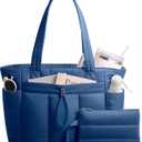 TOPDesign Puffy Tote Bag for Women with Cup Holder & Laptop Compartment & Cosmetic Bag & Trolley Sleeve for Work, Travel (Medium, Blue)