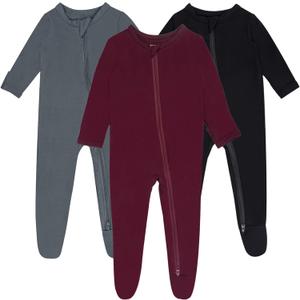 Baby Boy Footed Pajamas with Mittens,Rayon Made from Bamboo Sleepers, 2 Way Zipper Long Sleeve Pjs (12-18 Months, Maroon-black-sliver)