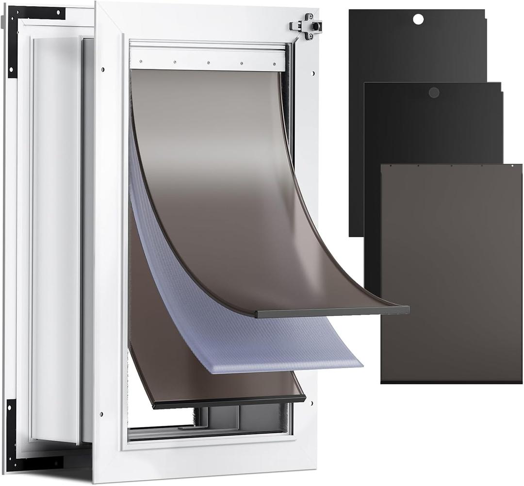 3-Flap Dog Door for Wall, Large Doggy Door, All Aluminum Heavy Duty Pet Door, Extreme Weather Doggie Door for Interior Exterior Wall, with Insulation Flaps & Lockable Closing Panels, Pets Up to 110LB