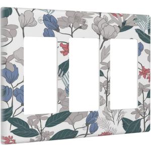 Decorative Outlet Covers Boho Green Leaf Floral Combination 3 Gang Wall Plate Triple Rocker Decora Light Switch Cover Plate Jumbo Electrical GFCI Switch Plate Cover for Bathroom Kitchen Decor (3-Gang Rocker /6.38 x 4.49 IN, Boho Floral Blue Magnolia/Red Hydrangea)