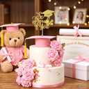 Graduation Cake Kit Included Felt Grad Cap with Tassel Pink Flower Grad Cake Toppers Graduations Party Supplies So Proud of You Cupcake Topper for Congrats Senior High School College Party Decor(Pink)