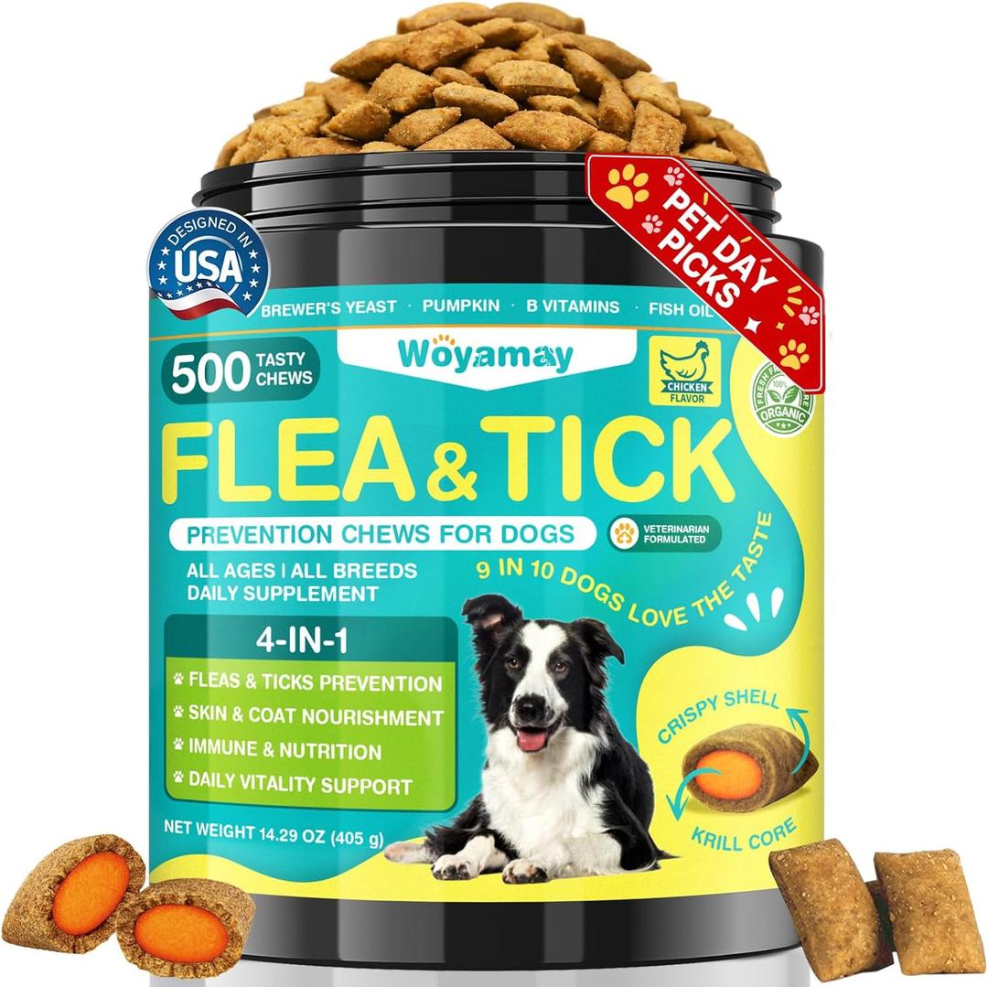 Woyamay 4-IN-1 Flea and Tick Prevention for Dogs, 500 Crunchy Dog Flea Chews, Dog Flea Treatment, Natural Oral Flea Treatment for Dogs, Daily Support for Flea, Skin & Coat, Gut, Immune, Chicken Flavor