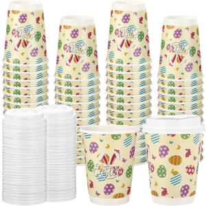 80 Pack Easter Disposable Coffee Cups with Lids 12oz Hot Cold Easter Egg Bunny Paper Drinking Cups for Spring Party Supplies