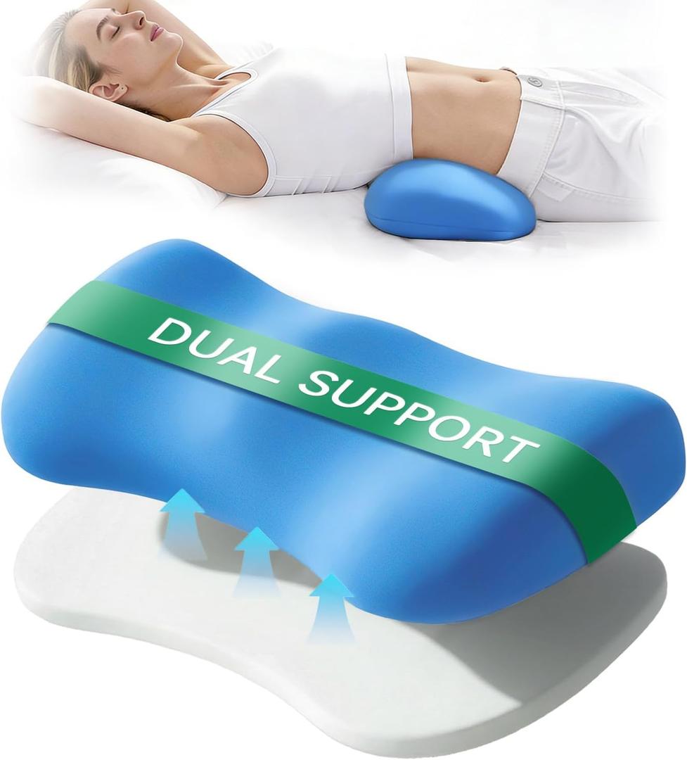 Adjustable Height Lumbar Support Pillow for Sleeping, Ergonomic Contour Lower Back Pillow for Bed with Breathable Washable Cover, Spine Alignment & Sleep Comfort, Blue (23.6 x 9.8 x 3.3 Inch)