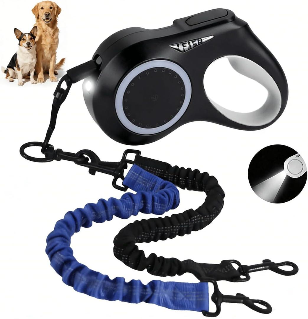 16.4ft Dual Retractable Dog Leash for Medium Dogs 3555 lbs, USB Rechargeable LED Light, 360 Tangle-Free, Detachable Front Lead & Emergency Ready, Reflective Elastic(Black)