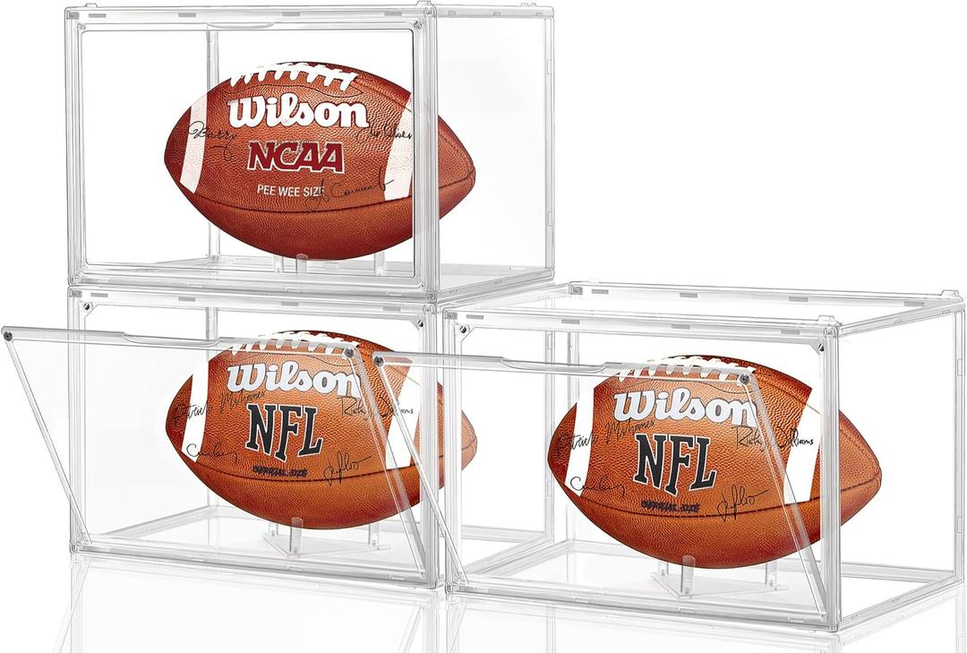 3 Pack Football Display Case, Football Case Display Case, Leffis Memorabilia Display Cases with Magnetic Door and Removable Football Stand for Autographed Football (Assembly Required)
