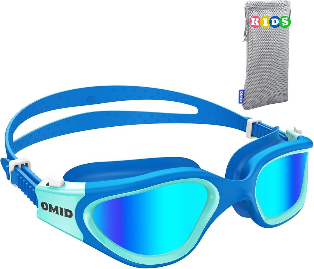 OMID Kids Swim Goggles, P2mini Polarized Swimming Goggles Comfortable for Age 6-14 (B0-mirrored Blue Lens Blueblue Frame)
