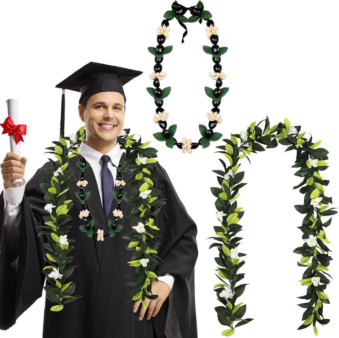 2 Pcs Hawaiian Graduation Lei 2026 Hawaiian Maile Lei with White Tuberose Kukui Nut Leis Leaf Flower Necklace for Wedding Hawaiian College Graduation Ceremony Party Accessories Graduation Gift