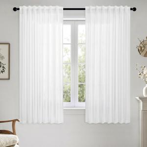 MIULEE White Linen Curtains Short 63 Inch Long 2 Panels for Kitchen Bedroom, Soft Thick Linen Textured Window Drapes Semi Sheer Light Filtering Back Tab Rod Pocket Burlap Look Decor, 52"W x 63"L (Pack of 2)