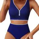 Herseas High Waisted Bikini Sets for Women - Textured Whip Stitch 2 Piece Swimsuit Bestselling Summer Beach Bathing Suit (Medium, Navy Blue)