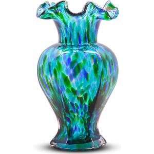 LCCCK 9.5" Tall Teal Blue Glass Vase Beautiful Hand Blown Glass Decor Flowers Vases for Centerpieces, Modern Murano Glassde Art Teal Vase, for Home Decor Table Entryway Wedding Decoration