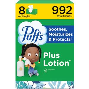 Puffs Plus Lotion Facial Tissues, 8 Family Boxes, 124 Facial Tissues per Box, Allergies and Colds