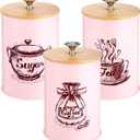 3 Pcs Pink Kitchen Canisters Set, 6.1" x 3.74" Matte Condiment Pot Metal Tin Jar Container, Food Storage Containers with Bamboo Airtight Lid to Store Dry Food Spices Coffee Tea Sugar Storage