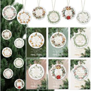 18 Set Christmas Christian Ornaments Religious Gift Bulk Bibles Verse Ornament Scripture Hanging Ceramic Inspirational Round Wreath Sign with Card for Church Family Sunday Xmas Tree (Classic)