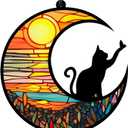 Black Cat on Moon Stained Acrylic Window Hanging, Handcrafted Rainbow Suncatchers for Wall Kitchen Living Room Office, Suncatcher Decoration Gifts for Cat Lover Women Christmas, 6.4 inch