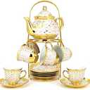 European Ceramic Tea Set for 6 People,20Pcs Porcelain Tea Set with Metal Stand,Vintage Floral Tea Cup and Saucer,Complete Gift Set with Teapot,Spoons for Wedding,Bridal Shower,Afternoon Tea (Gold)