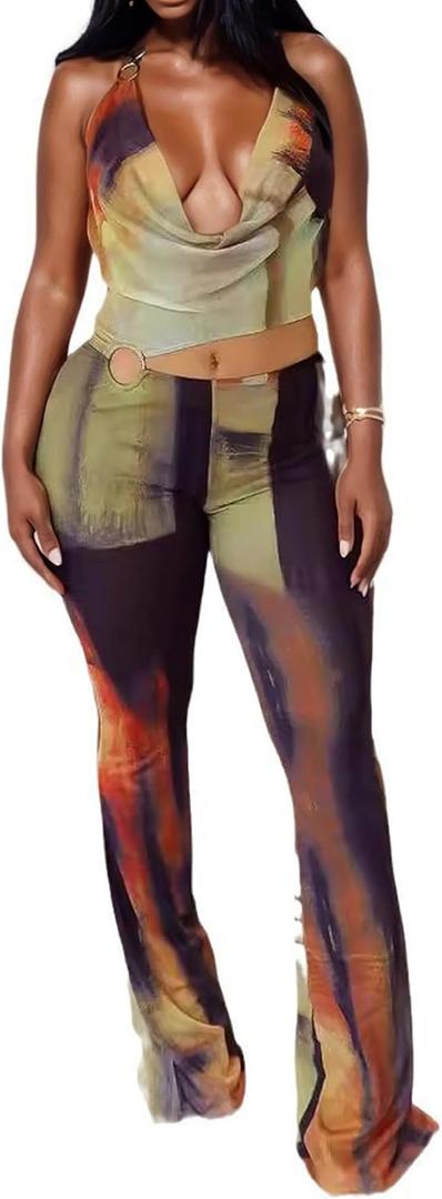 Geulis Sexy Jumpsuits for Women Mesh Halter Sleeveless Cut out Tie Dye Jumpsuit Party Clubwear (Large, 1-orange)