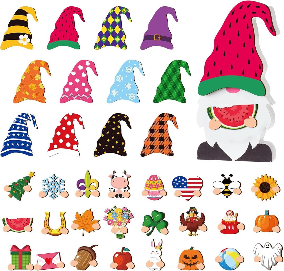 Thyle 37 Pcs Interchangeable Wooden Gnome Decor DIY Summer Tiered Tray Decoration with Magnet Pieces Welcome Sign for Spring Door Decorations