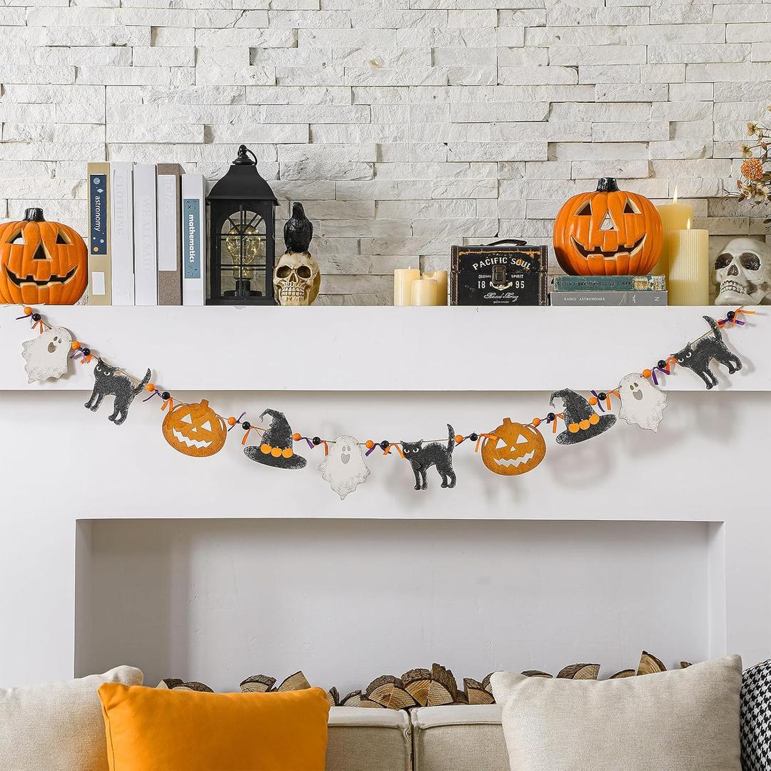 8.2 ft Halloween Black Cat Ghost Witch Hat Pumpkin Garland Wooden Beads Garland Rustic Farmhouse Country Decor Wood Banner Ghost Halloween Hanging Decor for Fireplace Mantel Wall Home Window