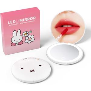 Miffy Handheld LED Makeup Mirror, Foldable 2-Side 1x/10x Magnification,Pocket Small Lighted Mirror for Travel, Face Shape (White)