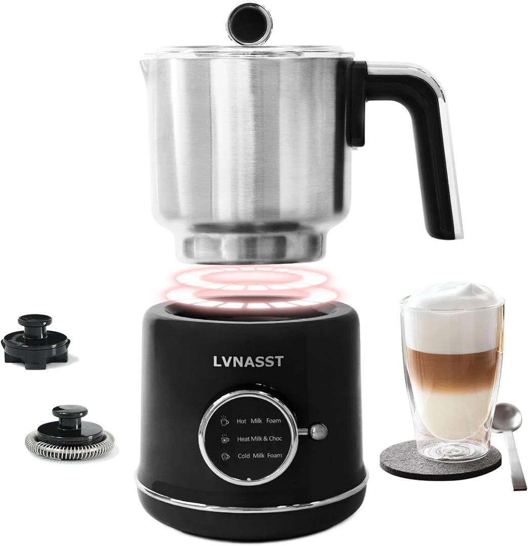 Stainless Steel Milk Frother for Coffee, 3-in-1 Electric Milk Warmer & Foam Maker, 12oz Hot Cold Frothing, Thick Foam for Macchiatos, Cappuccinos (Black)