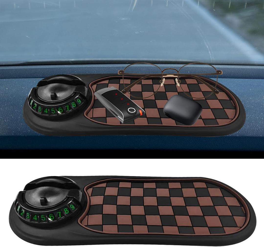 Multifunction Car Anti-Slip Mat, Universal Rotatable Auto Dashboard Phone Holder Accessory with Temporary Parking Number, Car Anti Slip Organizer Pad for Phones, Keys, Sunglasses (BrownBlack)
