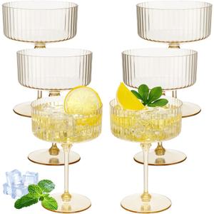 Jingmore 6 Pcs Ribbed Martini Glasses 10 oz Disposable Plastic Vintage Ribbed Coupe Glasses Unbreakable Dessert Parfait Glassware for Wedding Birthday Party Supplies (Gold)
