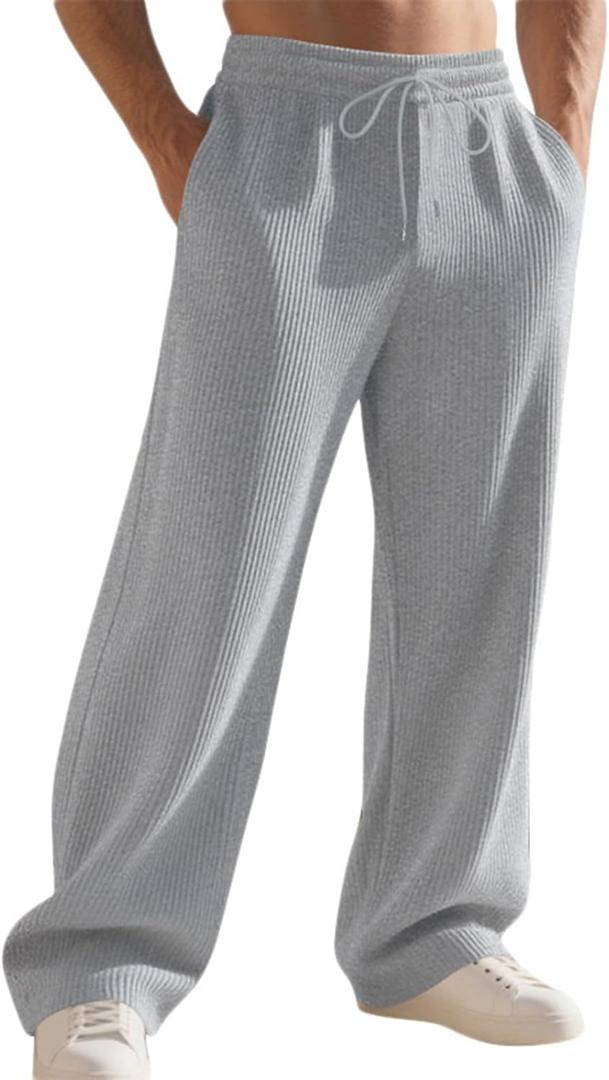 Mens Striped Sweatpants Baggy Wide Leg Casual Pants Loose fit with Elastic Waist and Pockets Light Gray (Gray, S)