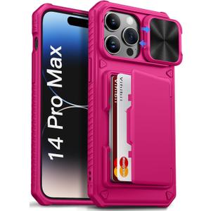 Vihibii for iPhone 14 Pro Max Case with Card Holder (4 Cards), [RFID Blocking] & Slide Camera Cover & Raised Edges Protect Screen, Military Grade Drop Protection, Rugged Wallet Case, 6.7", Hot Pink