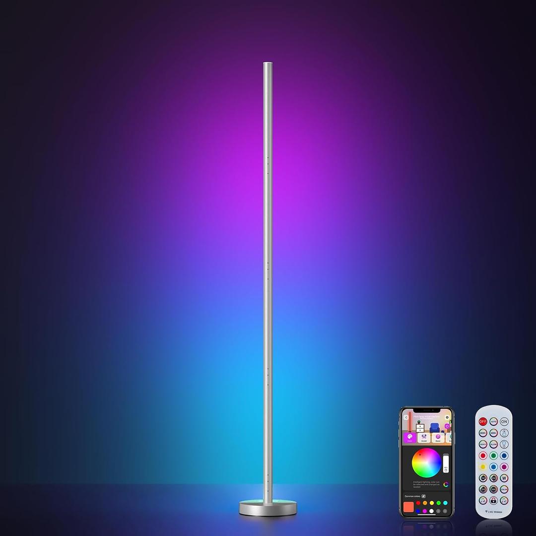 OIYN Smart RGBICW LED Corner Floor Lamp - 16 Million DIY Colors, 68+ Scenes, Music Sync, App & Remote Control, Color-Changing Ambient Lighting for Living Rooms, Bedrooms, and Gaming Rooms, Silver