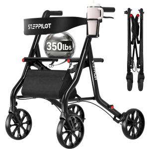 Zero Wobble Rollator Walker with Seat for Seniors, 350lb Capacity, 18" Extra Wide Seat, 8" Wheels & Dual Brake, One-Hand Folds to 9.6", 7-Level Handle Adjustable, Cup Holder & Cane Clip, Factory sl