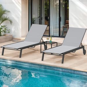 DWVO Outdoor Chaise Lounge Set, 2 Patio Chaise Lounge Chairs with Side Table, Textile Pool Loungers with 5-Level Backrest and Wheels for Beach, Lawn, Porch, Garden (Grey)