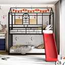 Twin Over Twin Metal Bunk Bed with Slide and House Design, Black Bed Frame with Red Slide