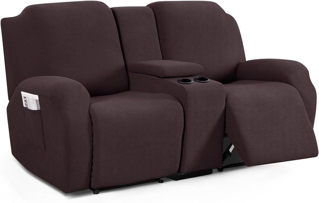 TAOCOCO Recliner Loveseat Cover with Middle Console Sofa slipcover, Stretch Reclining Sofa Covers for 2 Seat Reclining Couch, Jacquard Pattern Soft Loveseat Slipcover Furniture Protector, Chocolate (2 Seat with Console)