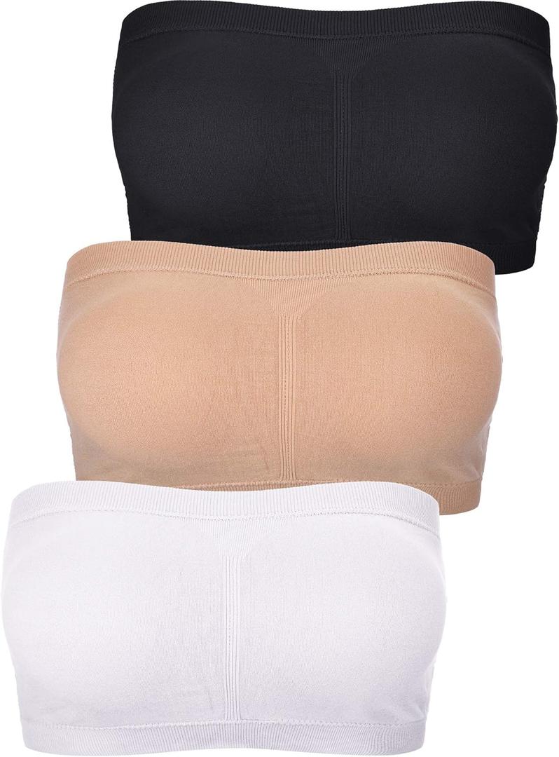 Boao Women Bandeau Bra Padded Strapless Bralette Bra Seamless Bandeau Tube Top(XX-Large, Black, White, Nude Color, 3 Pcs)