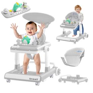 Baby Walker,5-in-1 Foldable Baby Walkers with Push Handle,Activity Center,Food Tray,Sunshade,Music Box,3-Gear Height Adjustable Infant Toddler,Baby Walker with Wheels for Baby Boys Girls 6-24 Months (Grey)