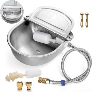 YOUEON 2.5 Liter Automatic Dog Water Bowl with Float Valve & Connect Adapter, Stainless Steel Waterer with Hose, Outdoor Drinking Waterer for Poultry and Small Livestock