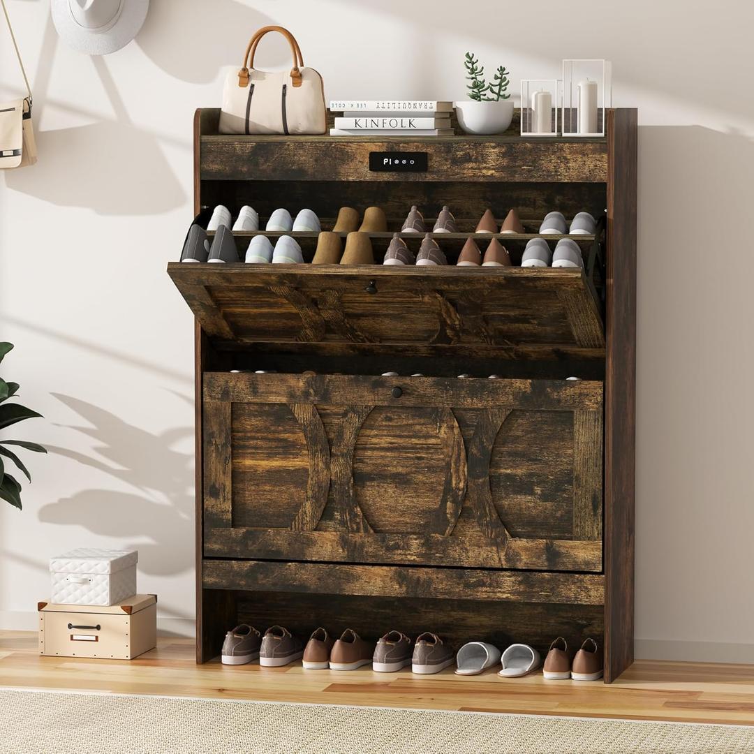 Elevon Deodorizing Shoe Storage Cabinet with 2 Flip Drawers, LED Touchscreen Freestanding Shoe Organizer with Wooden Leg, Narrow Shoe Rack Cabinet for Hallway, Bedroom and Entryway,Black