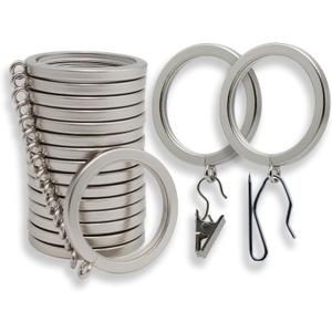 BlastHome Luxury Curtain Rings Premium Metal with Quiet, Smooth, Removable Nylon Inserts Pinhooks and Clips Included 1 1/2" Inside Diameter 18 Rings for Two Standard Curtains Brushed Nickel