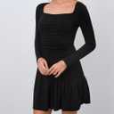 HYPERFIRE Women's Long Sleeve Square Neck Dress Ruched Waist Ruffle Dresses Party Clubwear (Black, S)