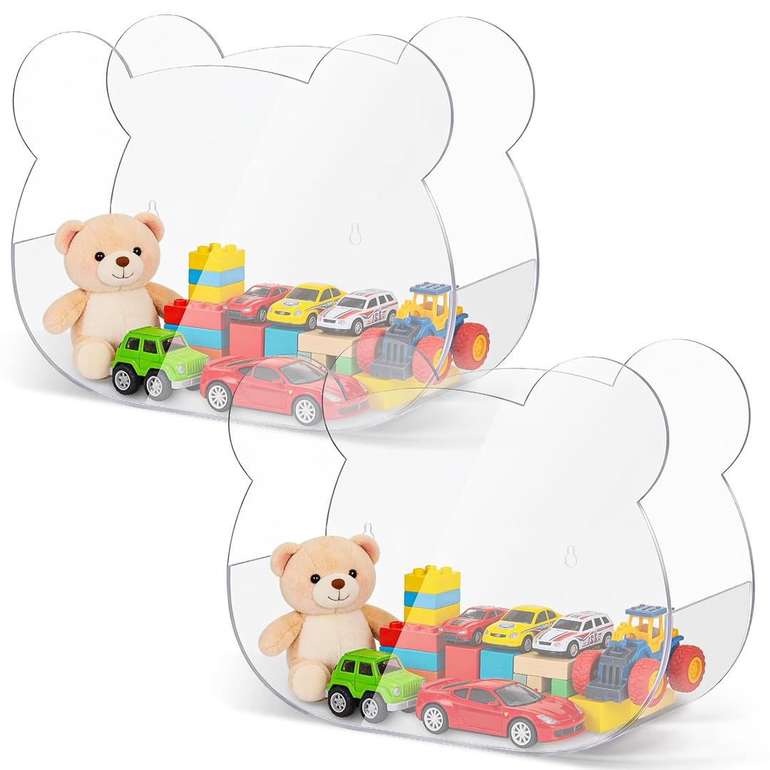 2 Pack Acrylic Wall Organizer, Acrylic Toy Dispenser for Wall, Bear Shape Toy Storage Display with Back Panel Hanging Clear Holder for Blocks, Snacks, Cars