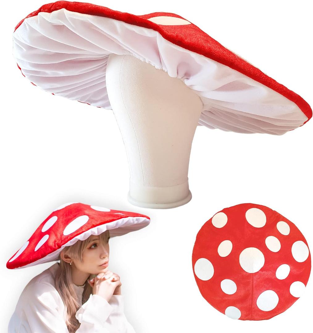 Mushroom Hat Costume Cosplay Accessory Hat Cap, Oversized with Wired Brim (Red)