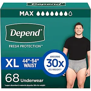 Depend Fresh Protection Adult Incontinence Underwear for Men, Disposable, Maximum, Extra-Large, Grey, 68 Count (2 Packs of 34), Packaging May Vary