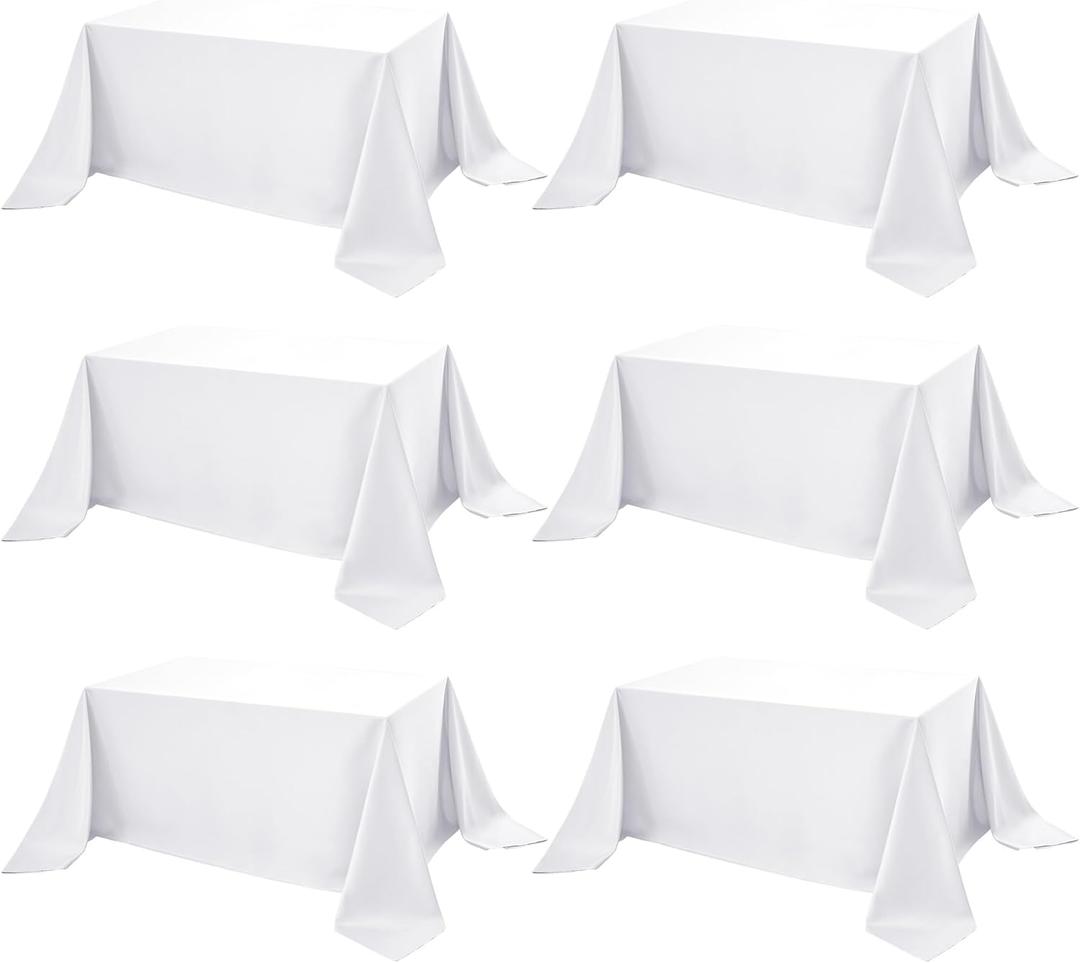 6-Pack White Tablecloths for Rectangle Tables, 90 x 132 Inches, Stain-Resistant Polyester Fabric for 8 Foot Tables - Washable Table Covers for Weddings, Banquets, Birthday Parties, Events