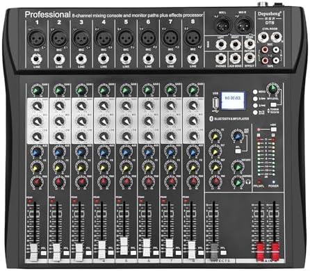 Depusheng DT8 Professional Mixer Sound Board Console 8 Channel Desk System Interface Digital USB Computer MP3 Input 48V Phantom Power Stereo DJ Studio FX Steel Chassis,Black